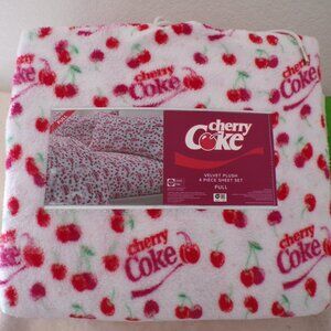 Coca-Cola Cherry Coke FULL Bed Plush Sheet Set Red White Soda Logo NWT NEW